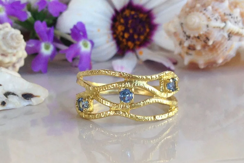 Ruby Gemstone Rings with Intricate Gold Filigree SettingsBlue Topaz Ring - December Birthstone - Hammered Ring with Three Round Blue Topaz Gemstones