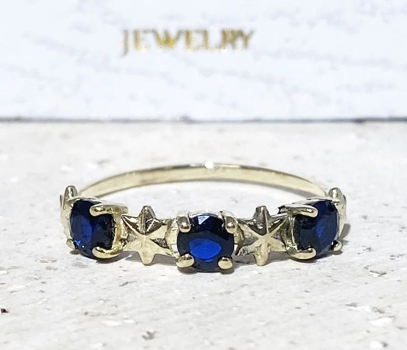 Malachite Gemstone Rings with a Marble - like PatternBlue Sapphire Ring - September Birthstone - Delicate Ring with Three Blue Sapphire Gemstones and Star Accents