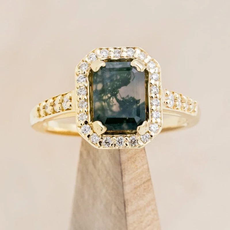 "KARLA" - EMERALD CUT MOSS AGATE ENGAGEMENT RING WITH DIAMOND HALO & ACCENTS