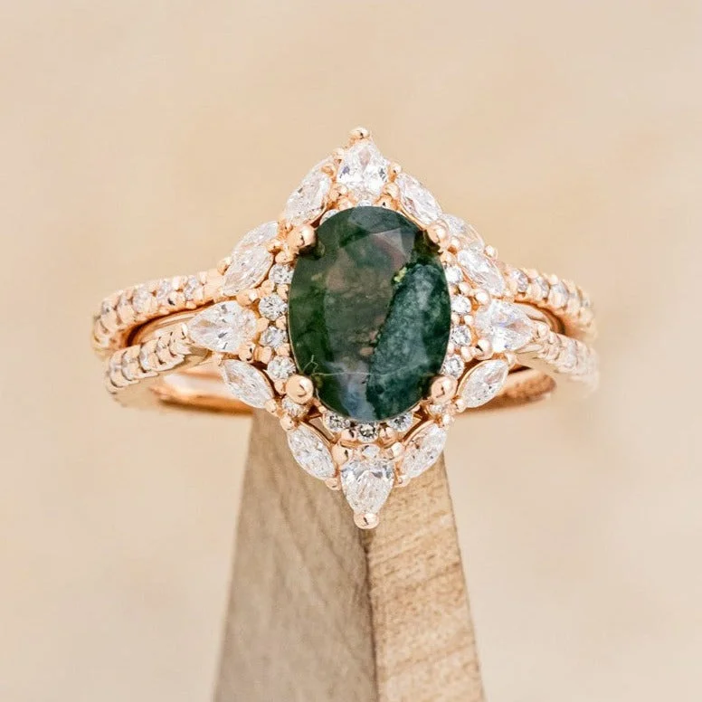 "NORTH STAR" - OVAL MOSS AGATE ENGAGEMENT RING WITH DIAMOND HALO, DIAMOND ACCENTS, & A DIAMOND TRACER