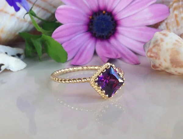 Opal Gemstone Rings with a Rainbow - Hued Play of ColorAmethyst Ring - February Birthstone - Simple Twist Band Ring with Square Purple Amethyst Stone