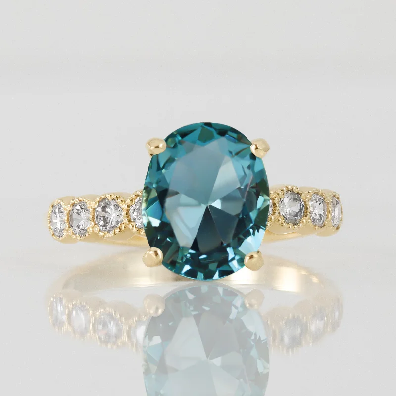 Topaz Gemstone Rings with a Faceted Cut and Shimmering EffectBlue Topaz Ring - December Birthstone - Oval Blue Topaz Gemstone Statement Engagement Ring with Clear Quartz Accents