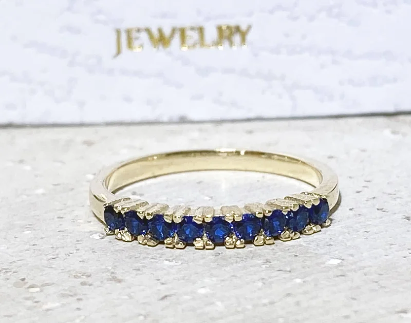 Moonstone Gemstone Rings with a Mysterious SheenBlue Sapphire Ring - September Birthstone - Delicate Stacking Half Eternity Ring with Nine Round Blue Sapphire Gemstones