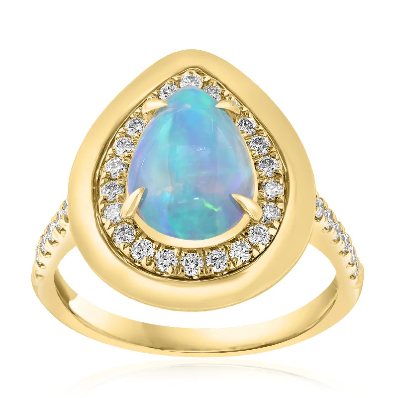 Moonstone Gemstone Rings with a Mysterious Sheen14K Yellow Gold Ethiopian Opal Ring with Diamond Halo