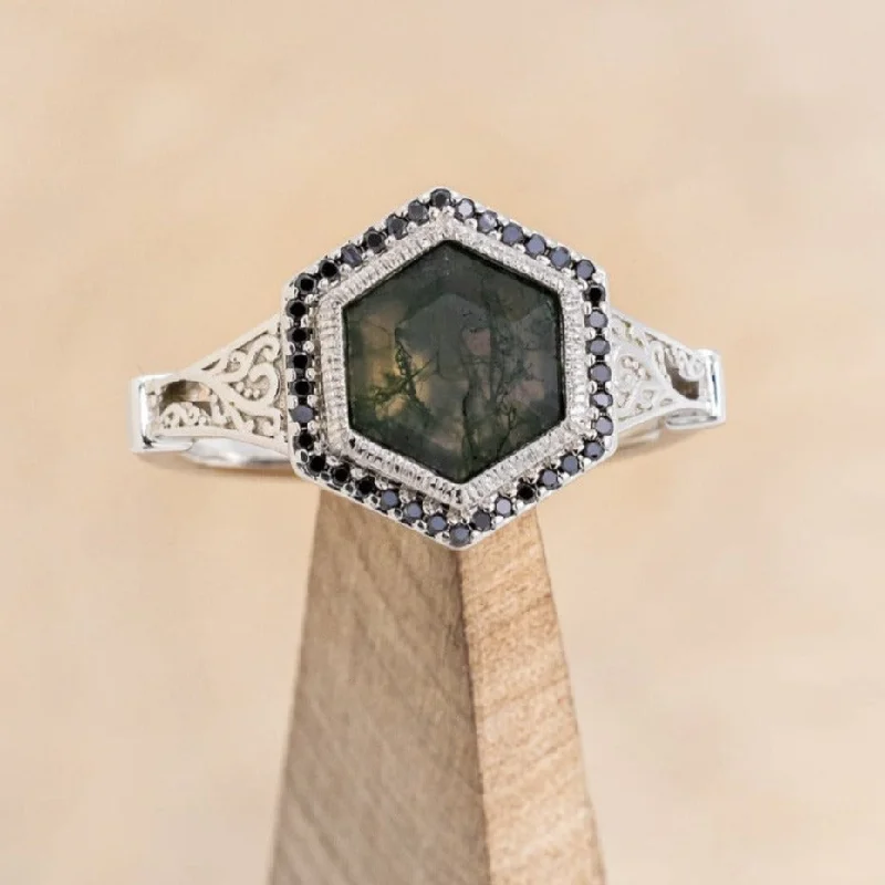 "SELENE" - CUSTOM HEXAGON MOSS AGATE ENGAGEMENT RING WITH A BLACK DIAMOND HALO, FILIGREE, MOON MOTIFS & ENGRAVINGS