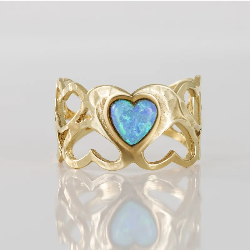 Opal Gemstone Rings with a Rainbow - Hued Play of ColorBlue Opal Ring - October Birthstone - Heart Blue Opal Gemstone Wide Ring with Heart Accents