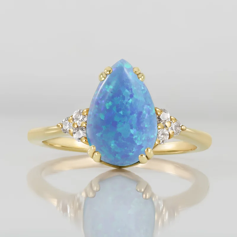 Alexandrite Gemstone Rings with a Chameleon - like Color ChangeBlue Opal Ring - October Birthstone - Pear-Shaped Blue Opal Gemstone Statement Engagement Ring with Clear Quartz Accents