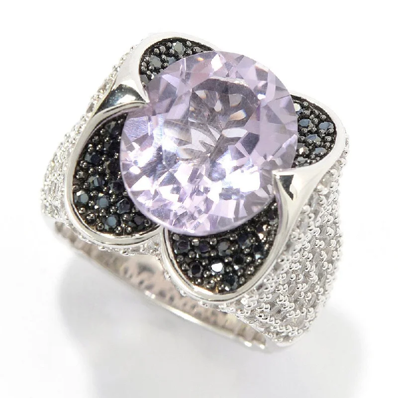 Agate Gemstone Rings with a Banded and Textured DesignSterling Silver 9.31ct Oval Pink Amethyst White Zircon and Black Spinel Ring