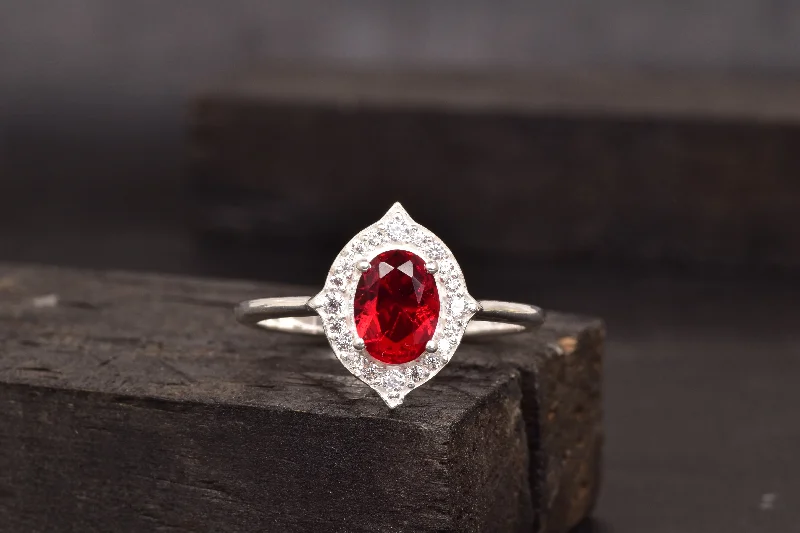 Emerald Gemstone Rings with Diamond - Encrusted HalosOval Cut Red Ruby 925 Sterling Silver Statement Ring