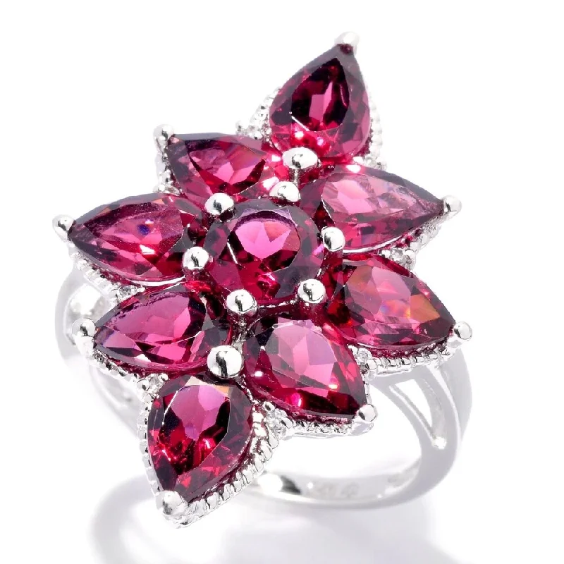 Garnet Gemstone Rings with a Vintage - Style Bezel Setting925 Sterling Silver Rhodolite Garnet and White Natural Zircon Ring