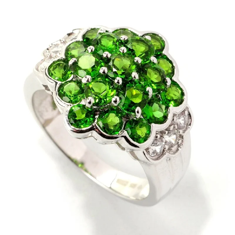 Emerald Gemstone Rings with Diamond - Encrusted Halos925 Sterling Silver Chrome Diopside and White Cz Ring