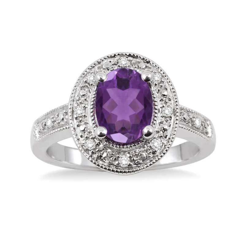 Sapphire Gemstone Rings in a Victorian - Inspired DesignSterling Silver 8x6mm Oval Cut Amethyst and 1/20 Carat Diamond Ring