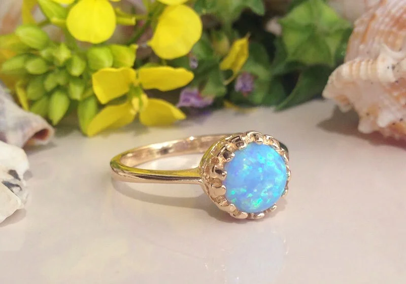 Aquamarine Gemstone Rings with a Nautical - Themed SettingBlue Opal Ring - October Birthstone - Beautiful Blue Opal Gemstone Round Crown Ring