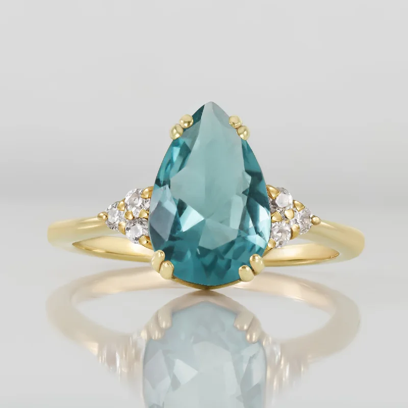 Emerald Gemstone Rings with Diamond - Encrusted HalosBlue Topaz Ring - December Birthstone - Pear-Shaped Blue Topaz Gemstone Statement Engagement Ring with Clear Quartz Accents