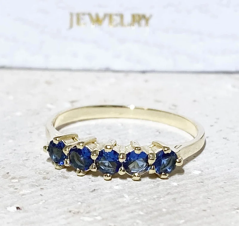 Aquamarine Gemstone Rings with a Nautical - Themed SettingBlue Sapphire Ring - September Birthstone - Stacking Ring with Five Round Blue Sapphire Gemstones