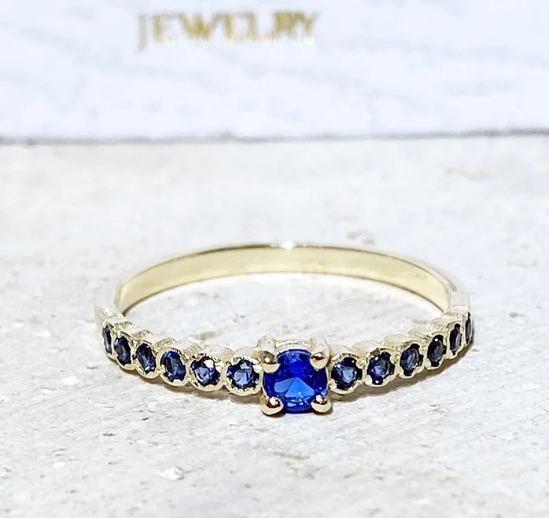 Jade Gemstone Rings with Intricate CarvingsBlue Sapphire Ring - September Birthstone - Delicate Stacking Half Eternity Ring with Thirteen Round Blue Sapphire Gemstones