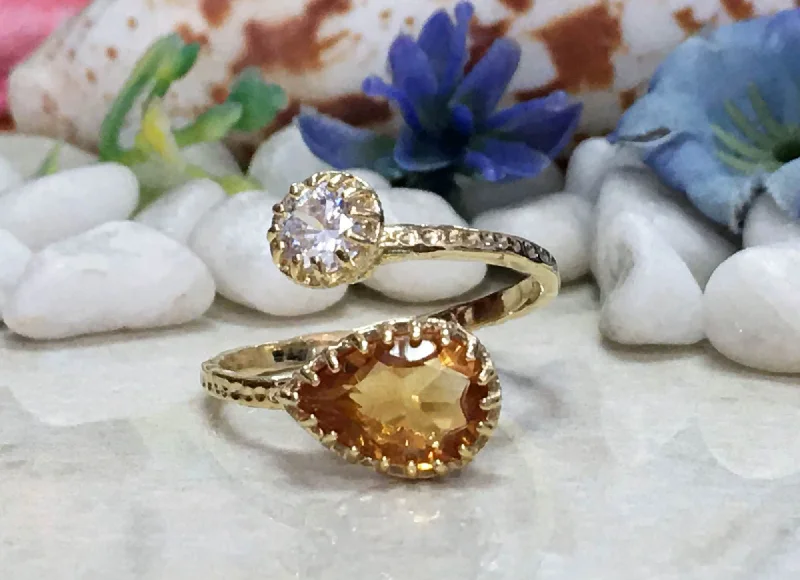 Tourmaline Gemstone Rings in a Multicolor ArrayDual Gemstone Ring - Two Birthstone Ring - Hammered Band Ring with Pear-Shaped Citrine and Round Clear Quartz