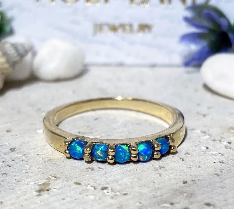 Moonstone Gemstone Rings with a Mysterious SheenBlue Opal Ring - October Birthstone - Simple Stacking Ring with Five Blue Opal Gemstones