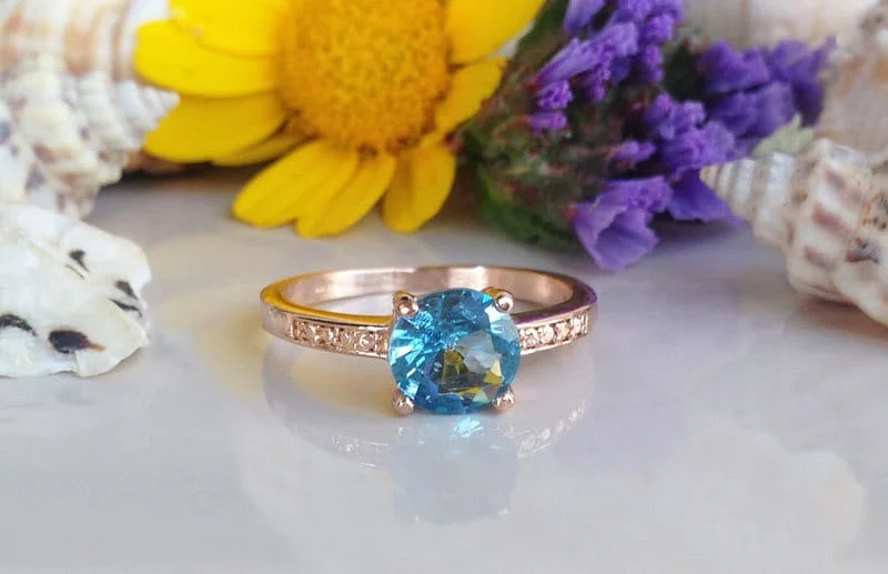 Morganite Gemstone Rings with Rose Gold AccentsBlue Topaz Ring - December Birthstone - Round Blue Topaz Gemstone Simple Ring with Imitation Stones