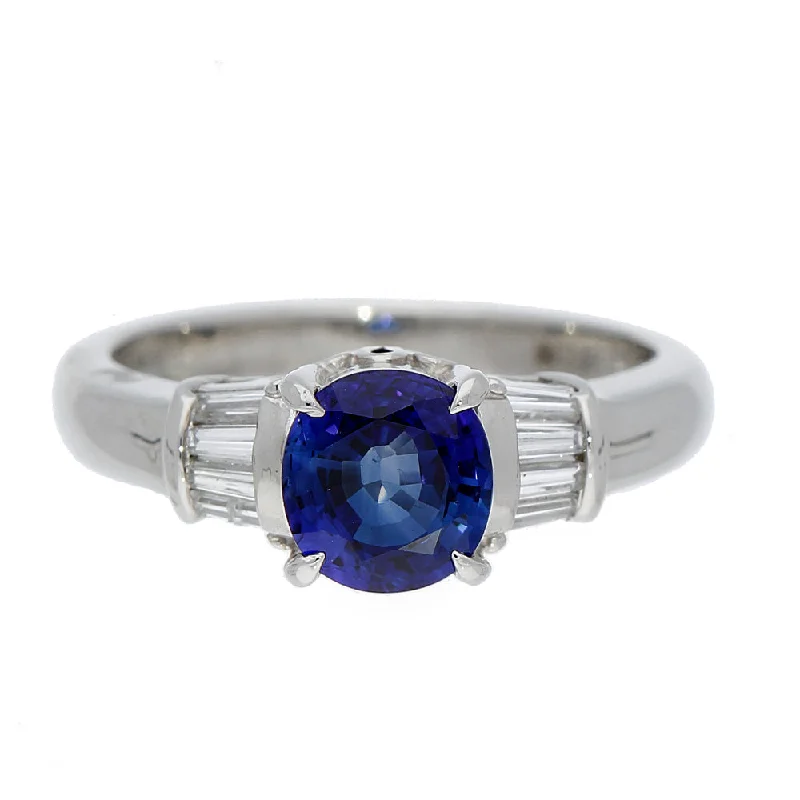 Tanzanite Gemstone Rings with Platinum Milgrain DetailingPlatinum Sapphire and Baguette Diamond Ring