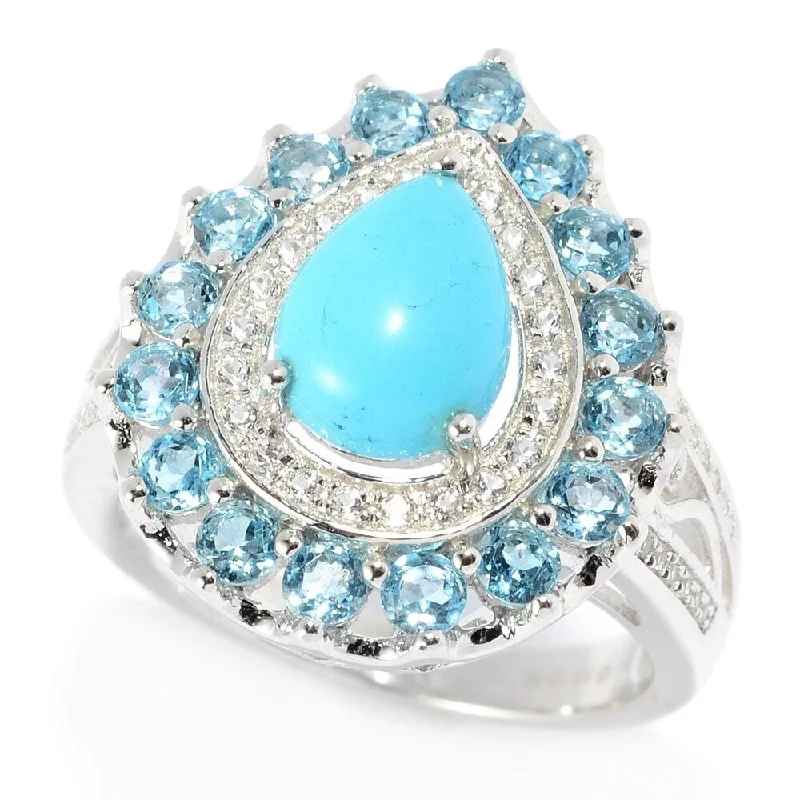 Aquamarine Gemstone Rings with a Nautical - Themed SettingSterling Silver Turquoise & Multi Color Topaz Double Halo Ring