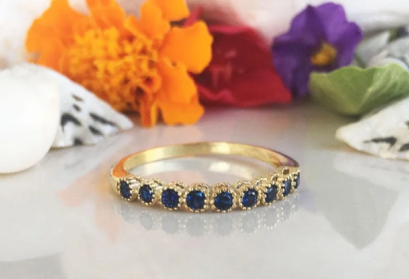 Peridot Gemstone Rings with a Floral - Motif BandBlue Sapphire Ring - September Birthstone - Delicate Stacking Half Eternity Ring with Nine Round Blue Sapphire Gemstones