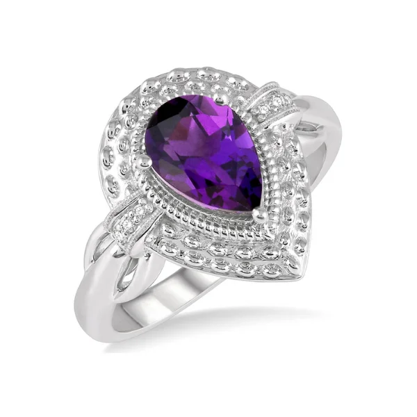 Garnet Gemstone Rings with a Vintage - Style Bezel Setting1/50 ctw Pear Shape 9x6mm Amethyst & Round Cut Diamond Semi Precious Ring in Sterling Silver