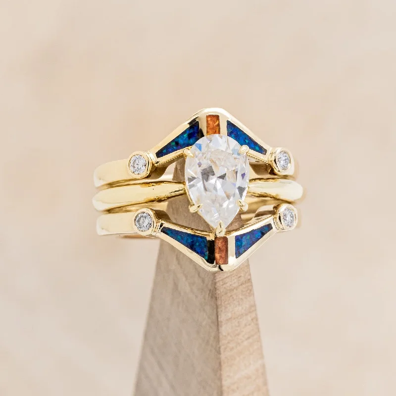 SOLITAIRE MOISSANITE ENGAGEMENT RING WITH ORANGE & BLUE OPAL INLAYS RING GUARD