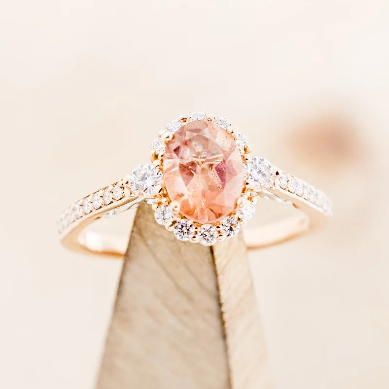 "OPHELIA" - OVAL SUNSTONE ENGAGEMENT RING WITH DIAMOND HALO & ACCENTS