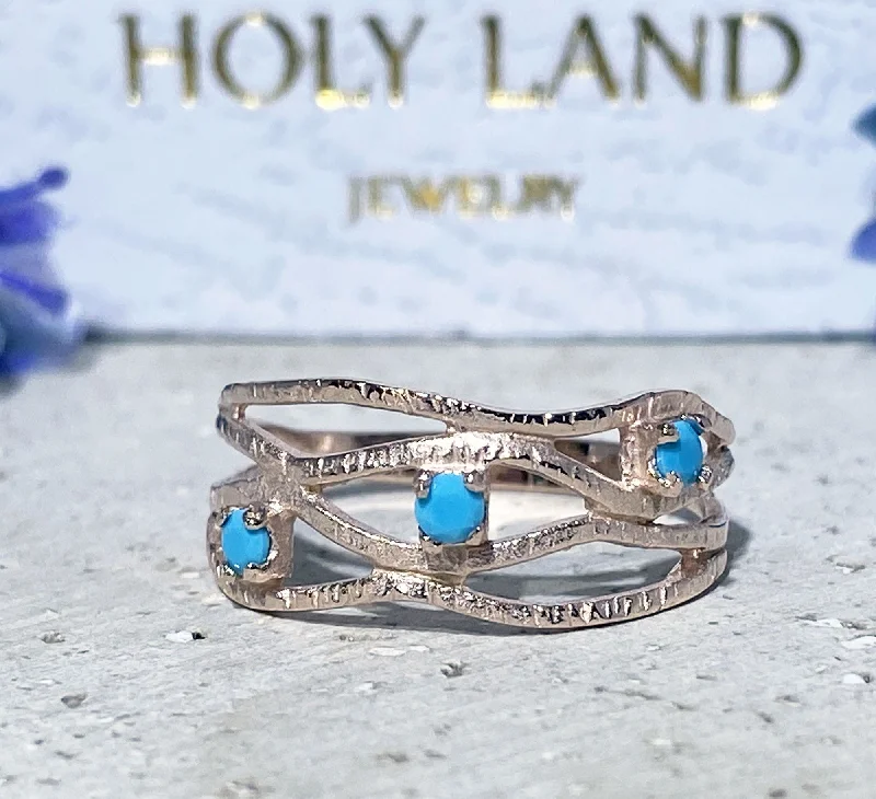 Agate Gemstone Rings with a Banded and Textured DesignBlue Turquoise Ring - December Birthstone - Sleeping Beauty Turquoise - Hammered Ring with Three Round Blue Turquoise Gemstones