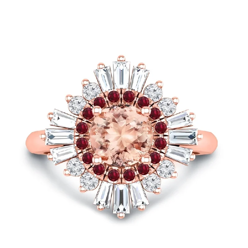 Cushion - Cut Diamond Rings with Double - Prong SettingsRound 1ct Pink Morganite and 5/8ct Baguette Diamond Ballerina Engagement Ring with Ruby Accents in 14k Rose Gold by Auriya