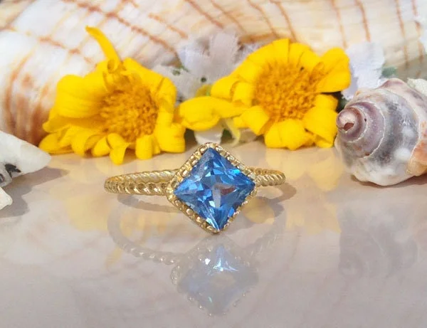 Morganite Gemstone Rings with Rose Gold AccentsBlue Topaz Ring - December Birthstone - Simple Twist Band Ring with Square Blue Topaz Gemstone