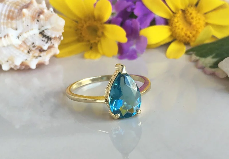 Aquamarine Gemstone Rings with a Nautical - Themed SettingBlue Topaz Ring - December Birthstone - Lace Setting Ring with Pear-Shaped Blue Topaz Gemstone