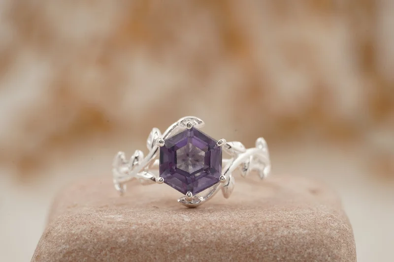 Moonstone Gemstone Rings with a Mysterious SheenHexagon Cut Alexandrite Nature Inspired Leaf Engagement Ring