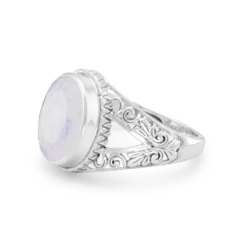 Tourmaline Gemstone Rings in a Multicolor ArraySterling Silver Ornate 12mm Oval Rainbow Moonstone Ring