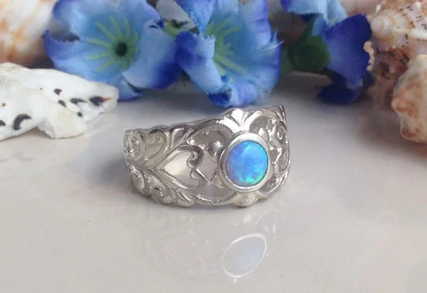 Agate Gemstone Rings with a Banded and Textured DesignBlue Opal Ring - October Birthstone - Round Blue Opal Wide Filigree Ring