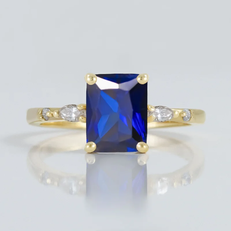 Tanzanite Gemstone Rings with Platinum Milgrain DetailingBlue Sapphire Ring - September Birthstone - Statement Engagement Ring with Octagon Blue Sapphire and Clear Quartz Accents