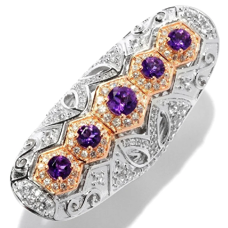 Opal Gemstone Rings with a Rainbow - Hued Play of ColorAmethyst & White Zircon Cut-out Scrollwork Elongated Ring