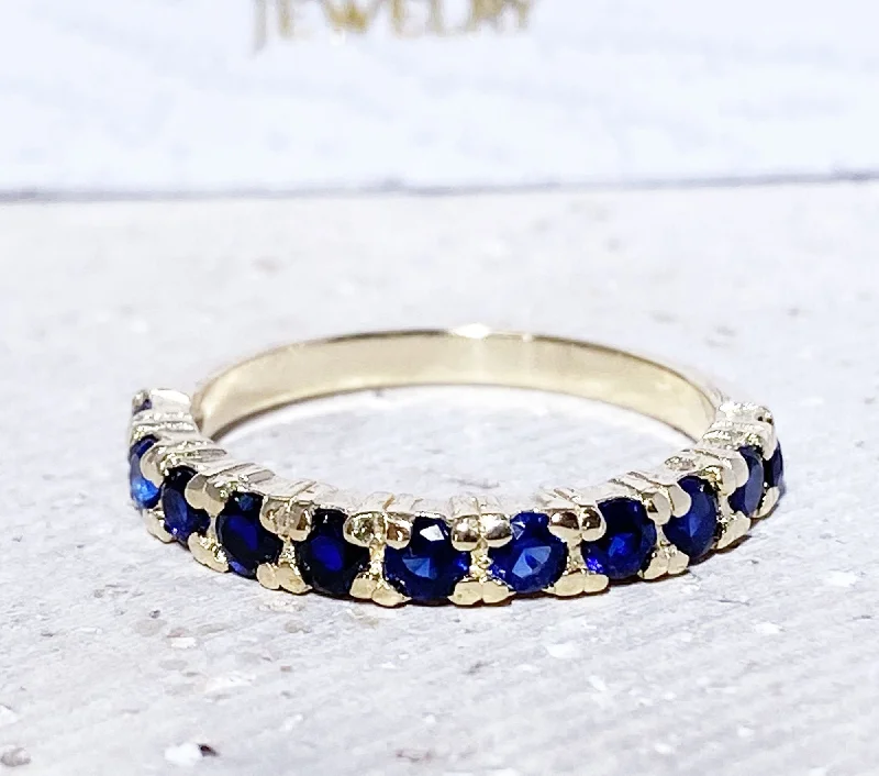 Garnet Gemstone Rings with a Vintage - Style Bezel SettingBlue Sapphire Ring - September Birthstone - Stacking Half Eternity Ring with Eleven Round Blue Sapphire Gemstones