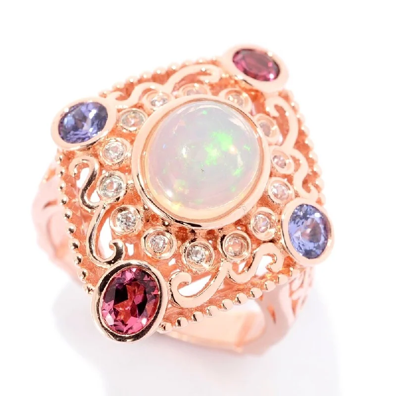 Tanzanite Gemstone Rings with Platinum Milgrain DetailingSterling Silver Ethiopian Opal & Pink Tourmaline Flower Ring