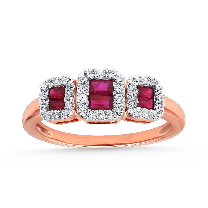 Morganite Gemstone Rings with Rose Gold Accents0.22Ctw Square Shape 3-Stone Halo Diamond Ruby Engagement Ring