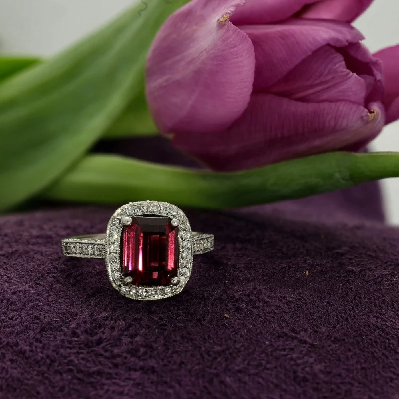 Sapphire Gemstone Rings in a Victorian - Inspired Design18ct White Gold Rhodolite Garnet & Diamond Halo Ring