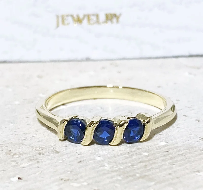 Agate Gemstone Rings with a Banded and Textured DesignBlue Sapphire Ring - September Birthstone - Sapphire Serenity: Stacking Ring with Three Round Blue Sapphire Gemstones