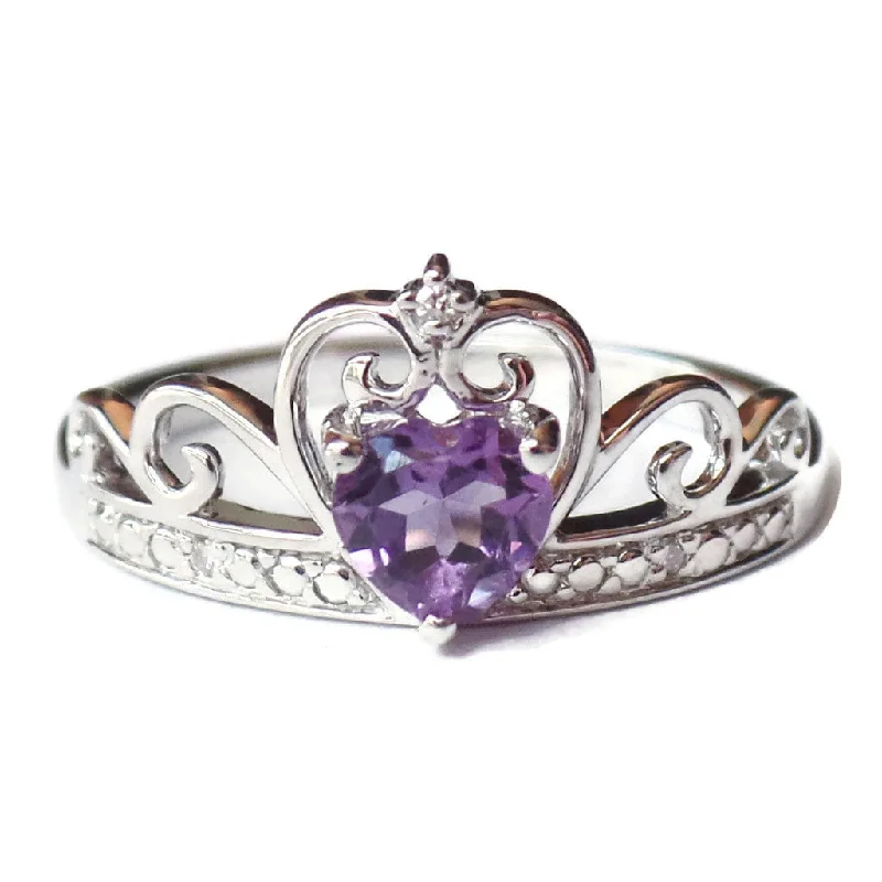 Topaz Gemstone Rings with a Faceted Cut and Shimmering EffectSterling Silver Diamond And Heart Shaped Amethyst Crown Ring