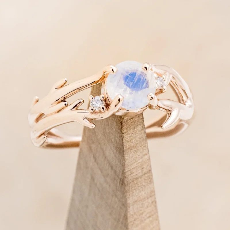 "ARTEMIS" - ROUND CUT MOONSTONE ENGAGEMENT RING WITH ANTLER-STYLE BAND & DIAMOND ACCENTS