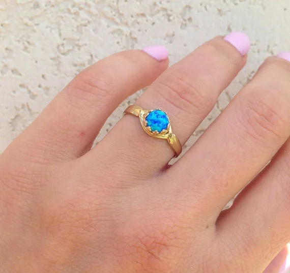 Jade Gemstone Rings with Intricate CarvingsBlue Opal Ring - October Birthstone - Round Blue Opal Gemstone Simple Ring