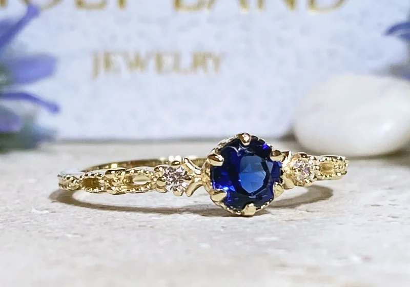 Sapphire Gemstone Rings in a Victorian - Inspired DesignBlue Sapphire Ring - September Birthstone - Tiny Delicate Ring with Round Blue Sapphire Gemstone and Clear Quartz Accents