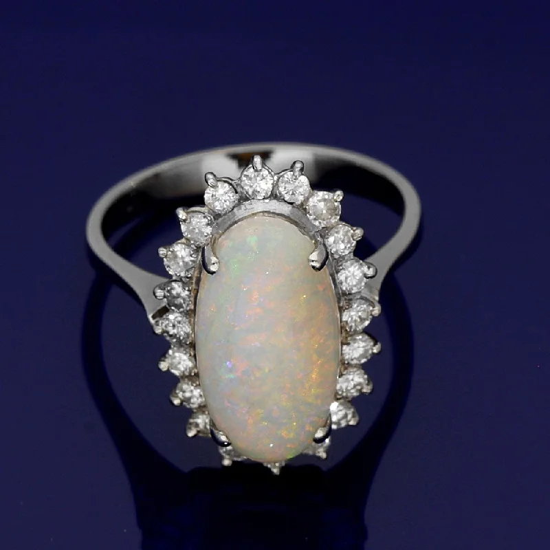 Peridot Gemstone Rings with a Floral - Motif Band14ct White Gold Large Opal & Diamond Oval Cluster Ring