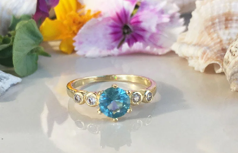 Citrine Gemstone Rings in a Modern Minimalist StyleBlue Topaz Ring - December Birthstone - Tiny Delicate Ring with Round Blue Topaz Gemstone and Clear Quartz Accents