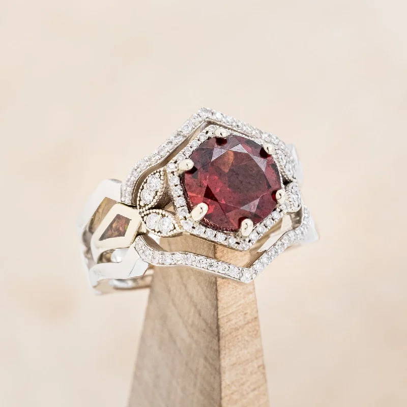 "LUCY IN THE SKY" - ROUND CUT GARNET ENGAGEMENT RING WITH DIAMOND ACCENTS, RED OPAL INLAYS & A DIAMOND RING GUARD